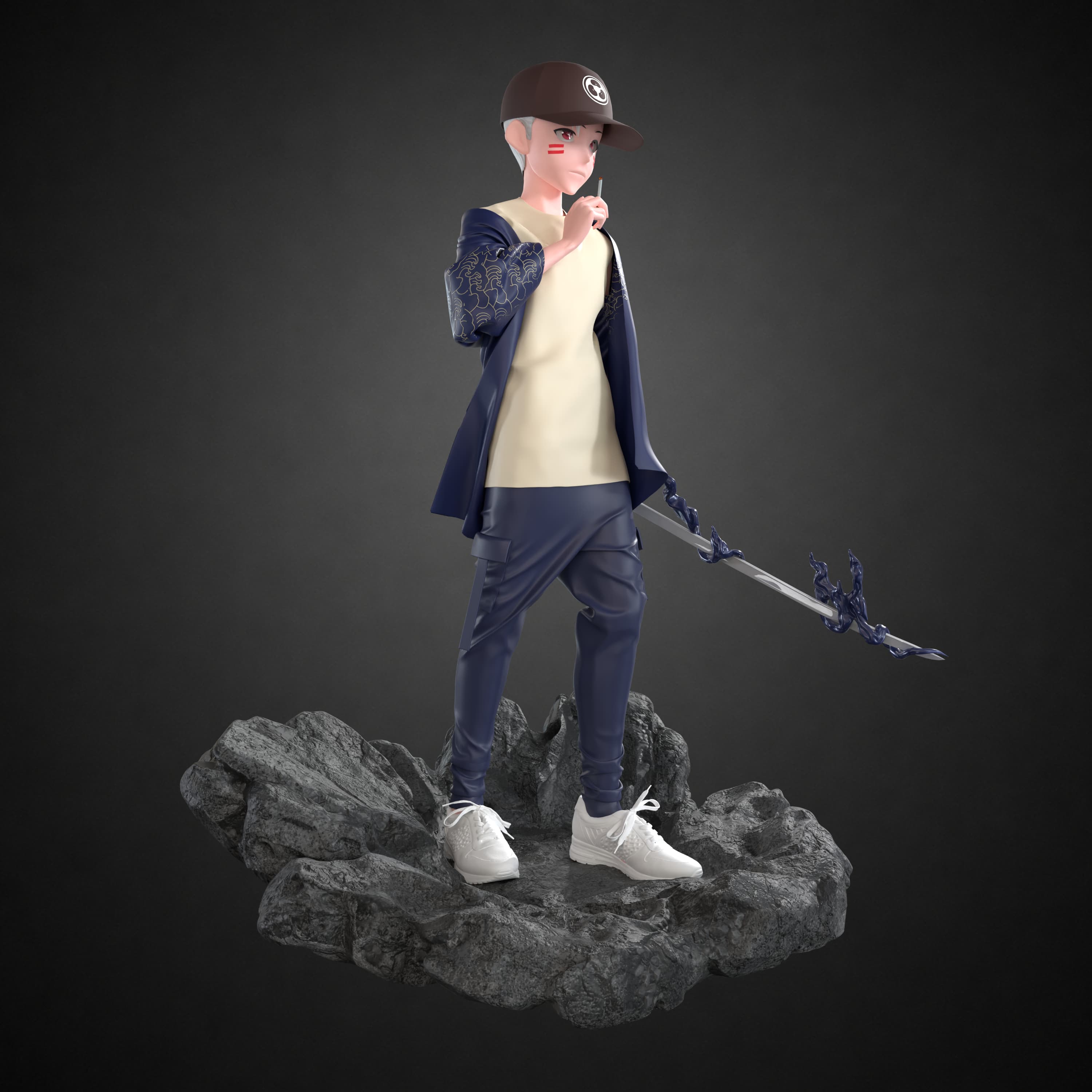 Chibi anime swordsman character sculpt modeled for figurine printing