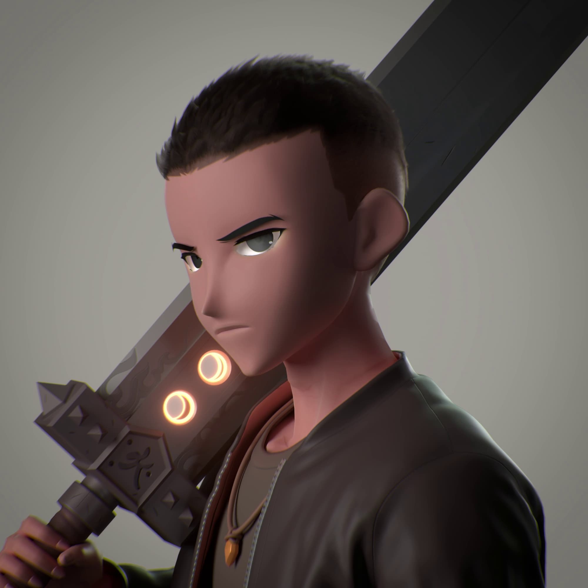Stylized male game character holding a sword, rendered in engine